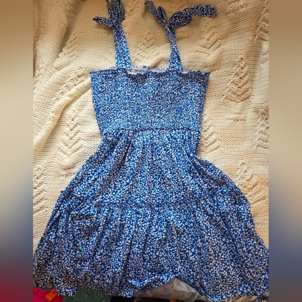Blue Floral Sundress with Tie Straps